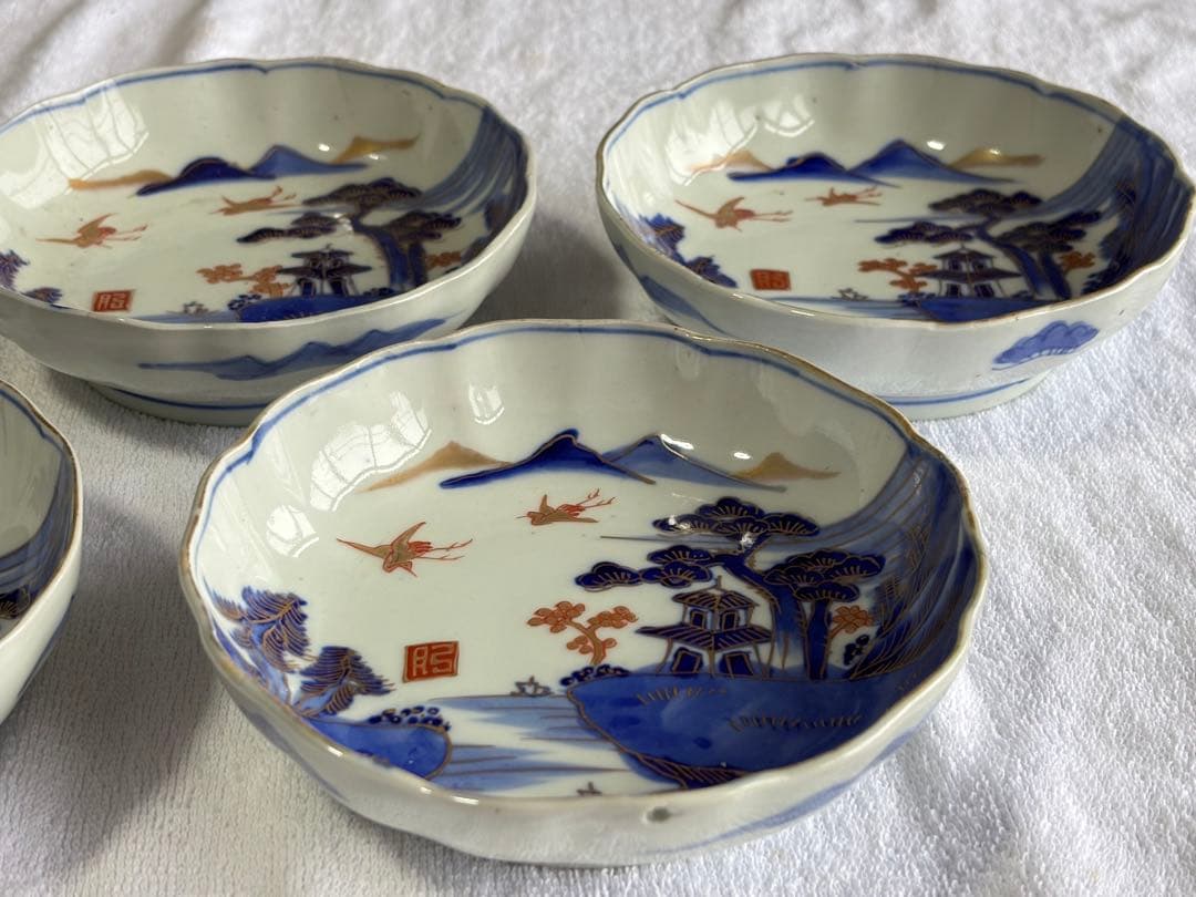 古伊万里　染錦風景画五寸皿5枚セット　なます皿　アンティーク骨董品