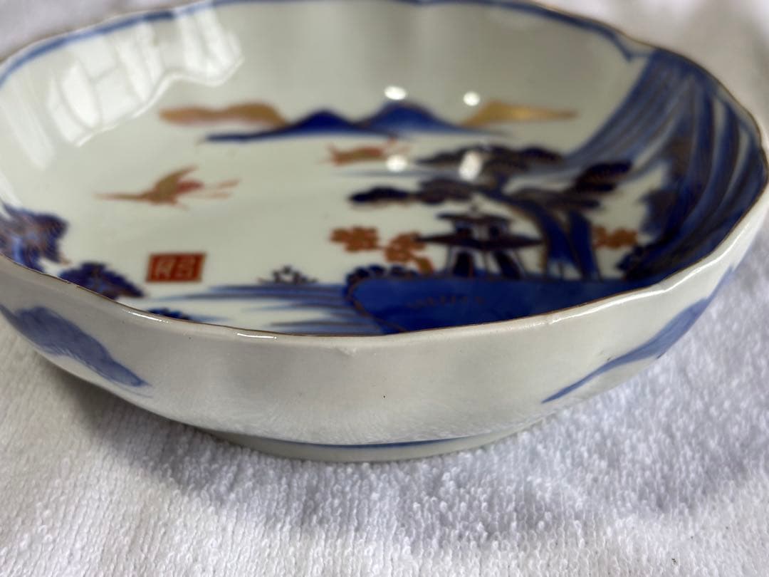 古伊万里　染錦風景画五寸皿5枚セット　なます皿　アンティーク骨董品