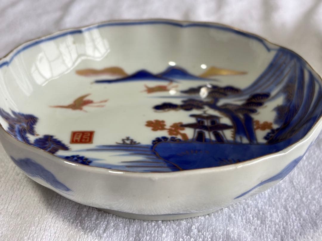 古伊万里　染錦風景画五寸皿5枚セット　なます皿　アンティーク骨董品