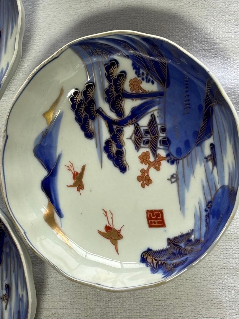 古伊万里　染錦風景画五寸皿5枚セット　なます皿　アンティーク骨董品