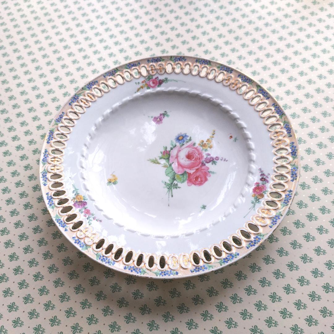 マイセン 1790年頃 金彩透かしと忘れな草のボーダー花絵 デザートプレート