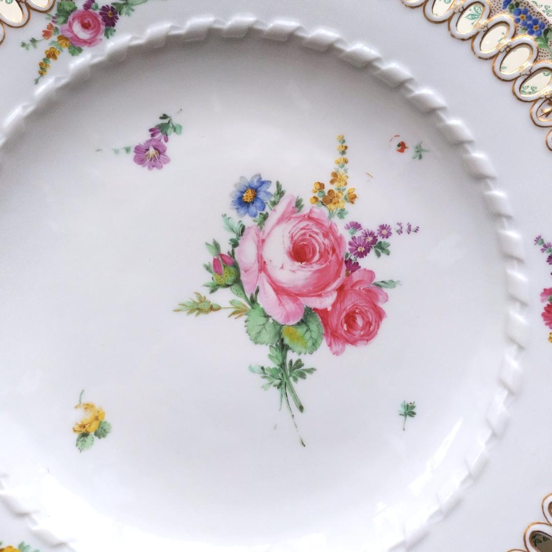 マイセン 1790年頃 金彩透かしと忘れな草のボーダー花絵 デザートプレート
