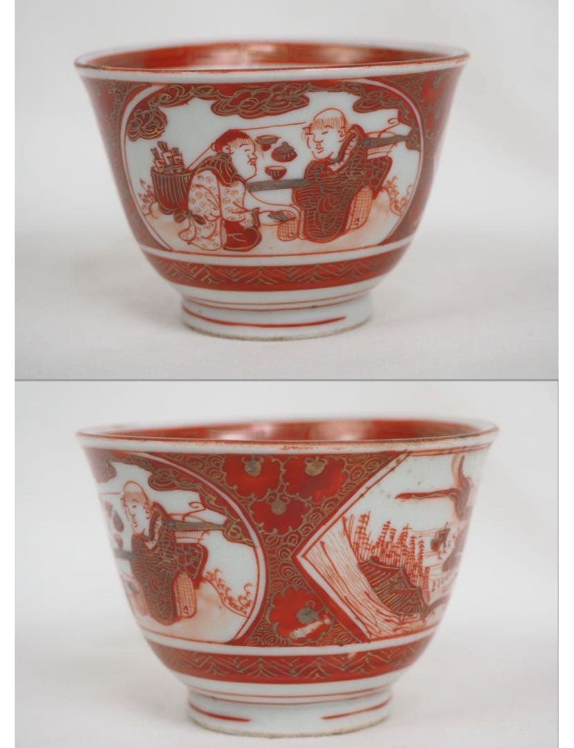 送料無料　明治中期九谷焼　金襴手細密画茶碗５客　煎茶道具