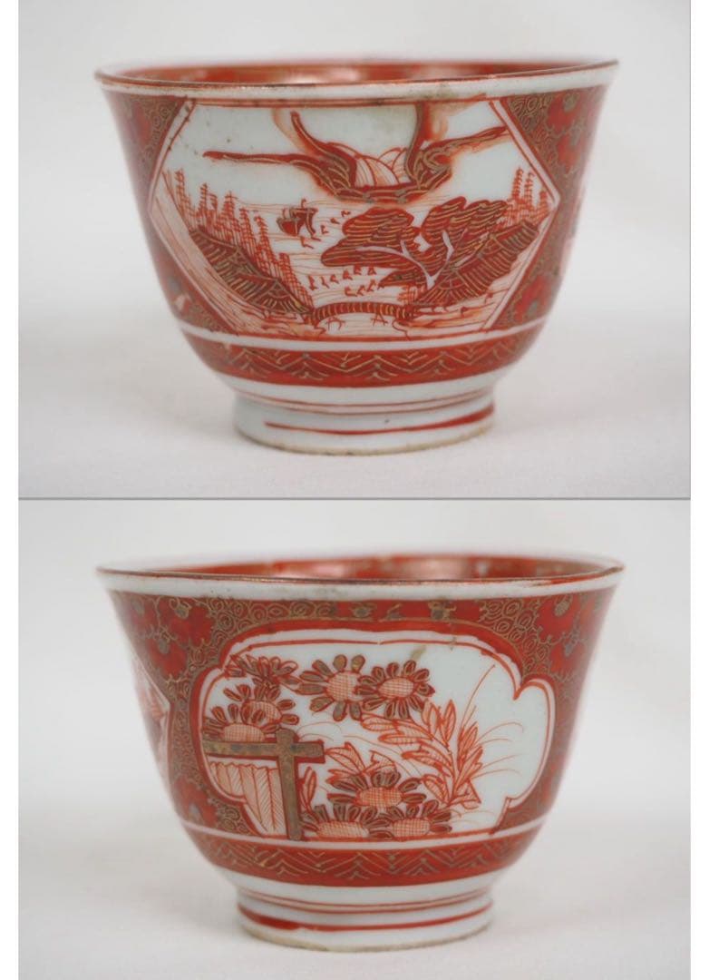 送料無料　明治中期九谷焼　金襴手細密画茶碗５客　煎茶道具