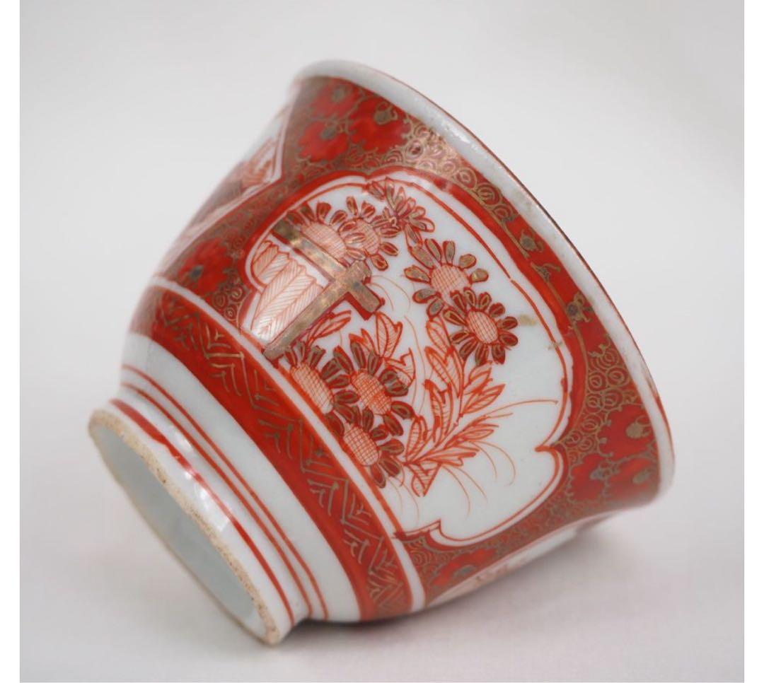 送料無料　明治中期九谷焼　金襴手細密画茶碗５客　煎茶道具