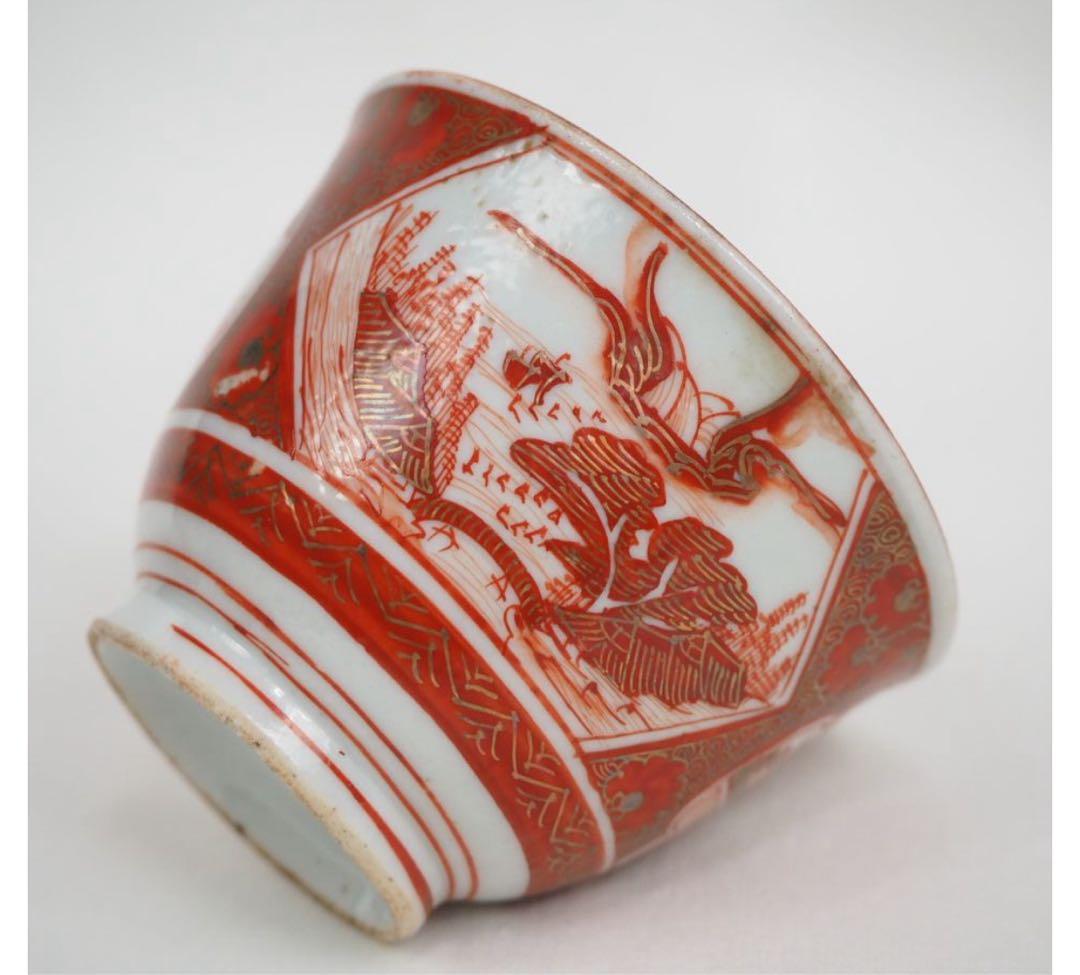 送料無料　明治中期九谷焼　金襴手細密画茶碗５客　煎茶道具