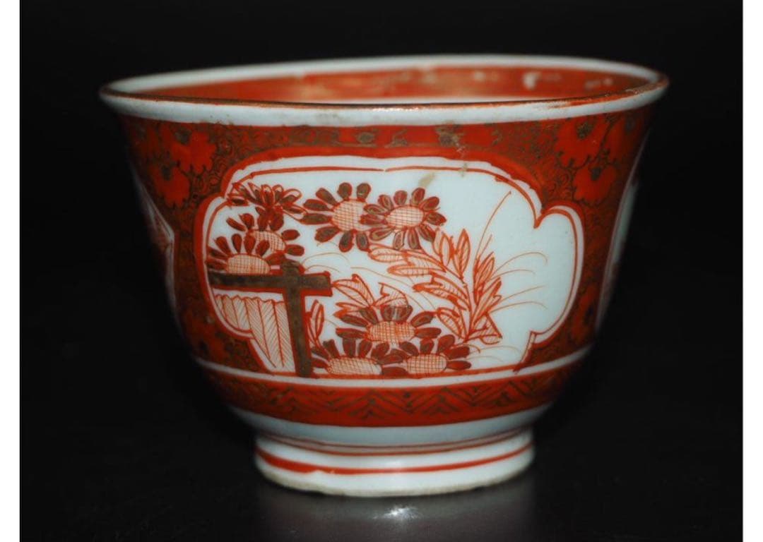 送料無料　明治中期九谷焼　金襴手細密画茶碗５客　煎茶道具