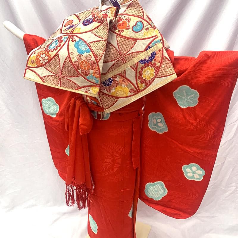 603ag2■七五三 七歳 女児 着物&丸帯 絞り染 モダン 梅 赤■状態良好