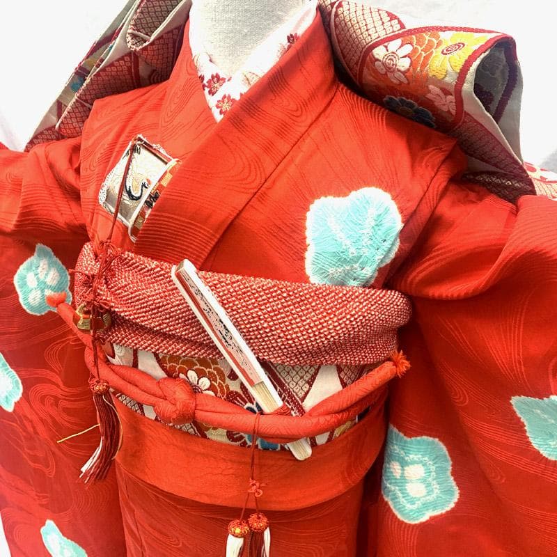 603ag2■七五三 七歳 女児 着物&丸帯 絞り染 モダン 梅 赤■状態良好