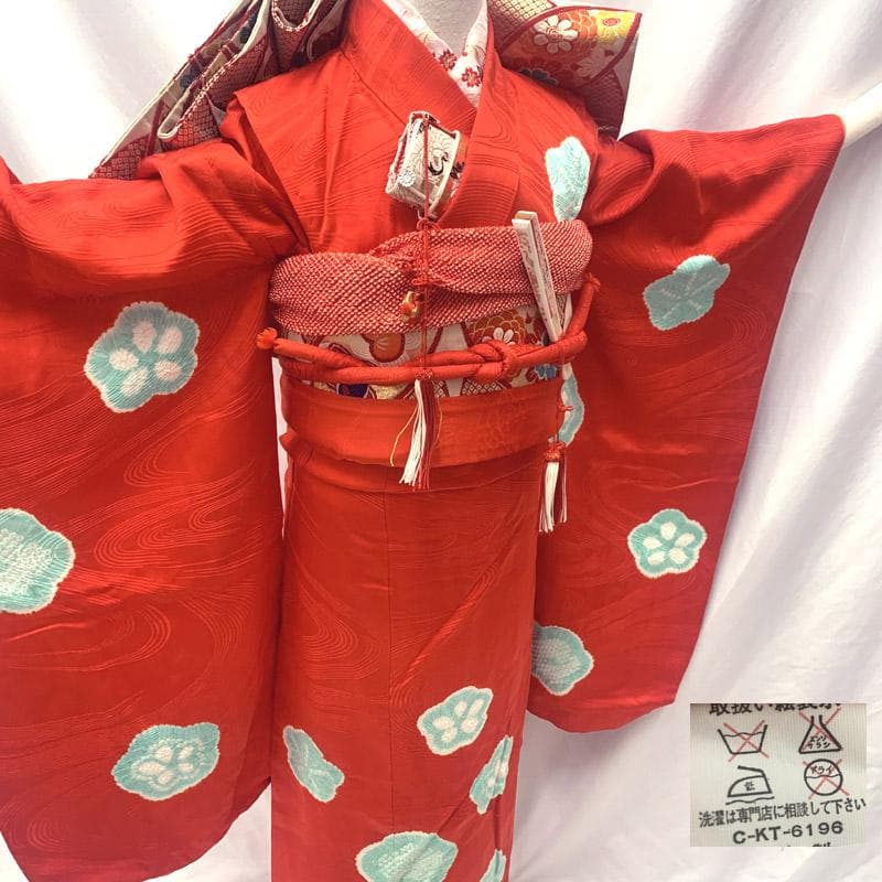 603ag2■七五三 七歳 女児 着物&丸帯 絞り染 モダン 梅 赤■状態良好