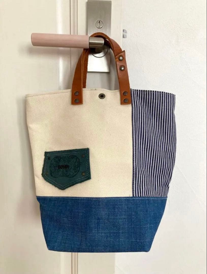 トートバッグ　ハンドメイド　皮革×キャンバス×デニム　パッチワーク