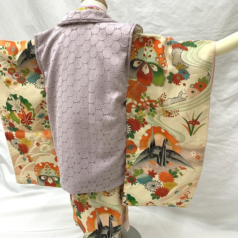 602ag53□七五三 三歳 セミアンティーク 女児 着物&被布 雪輪□状態良好