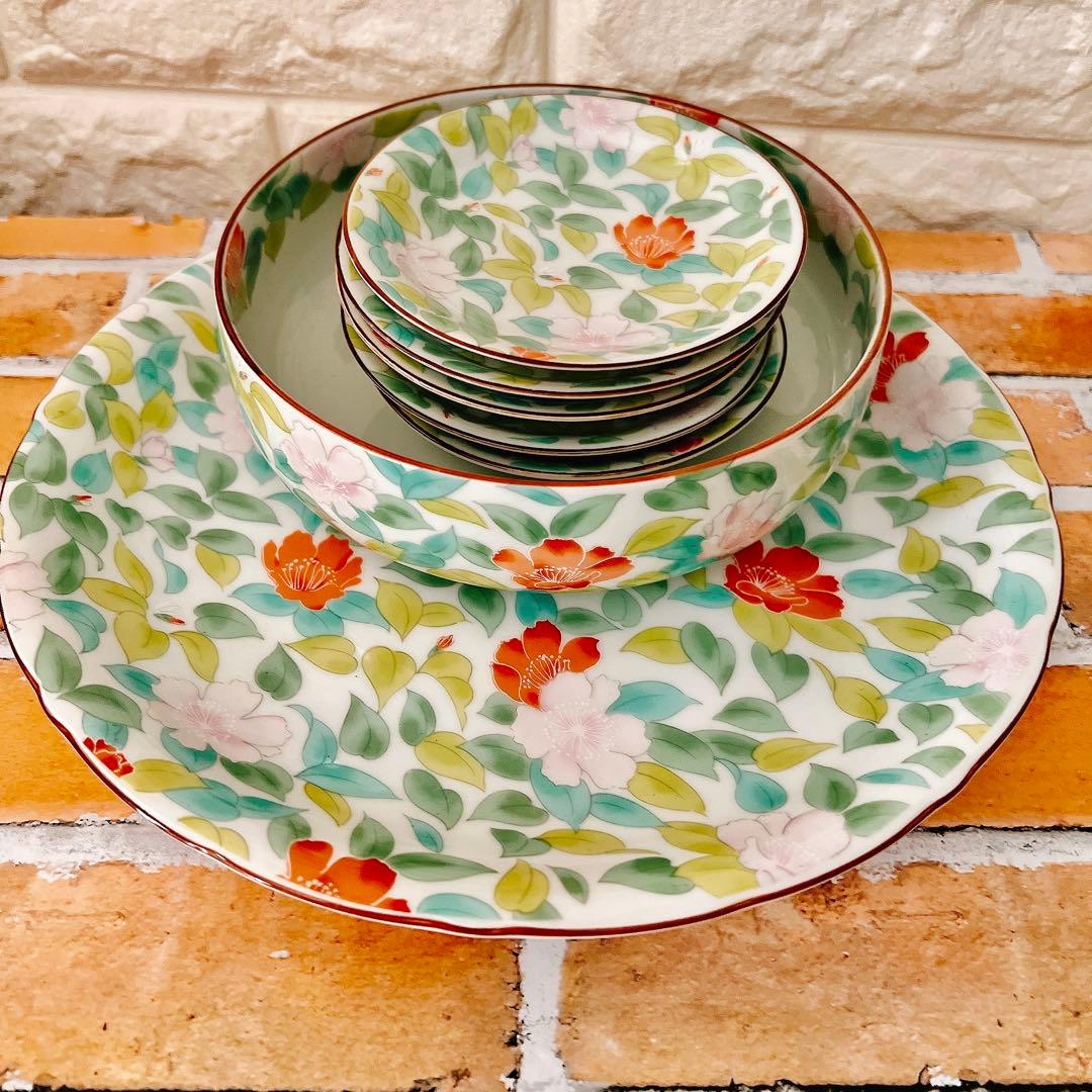 【有田焼】龍峯 竹斎 緑彩花 和のおもてなしセット ７点 大皿 深鉢 取り小皿