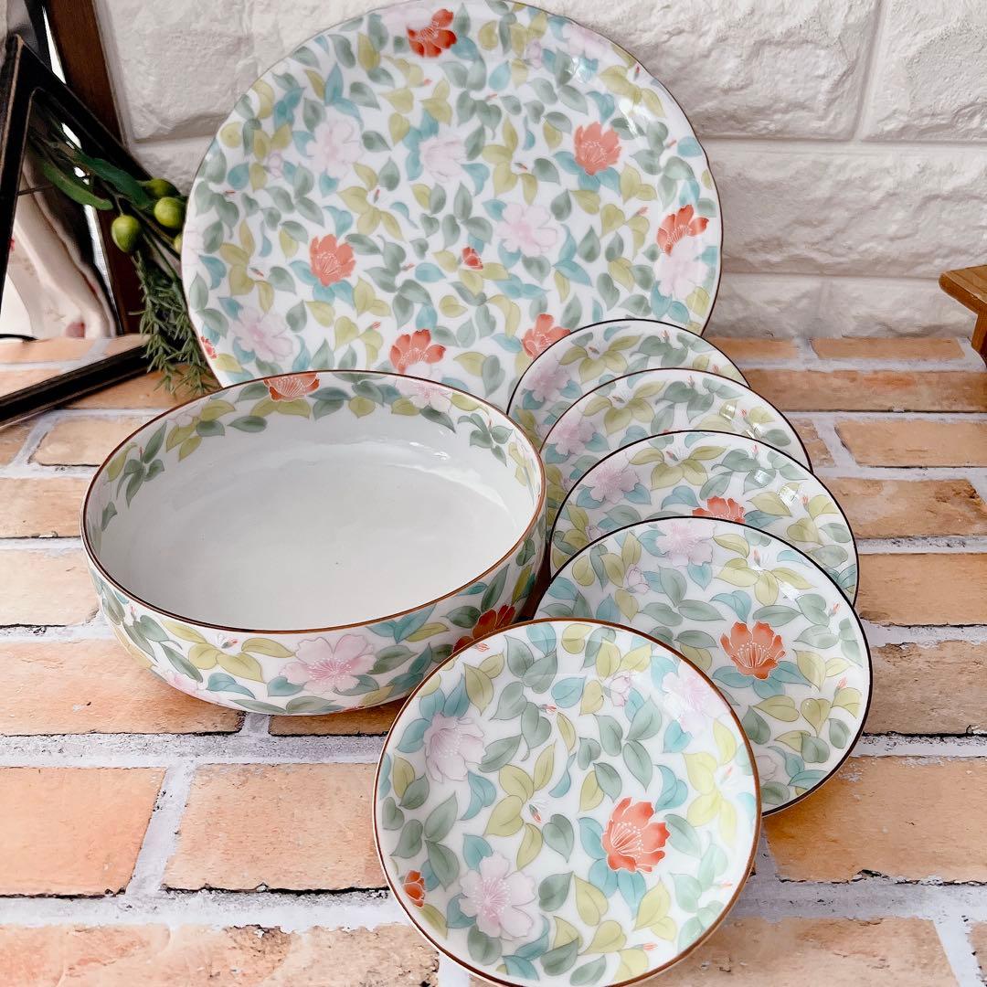 【有田焼】龍峯 竹斎 緑彩花 和のおもてなしセット ７点 大皿 深鉢 取り小皿