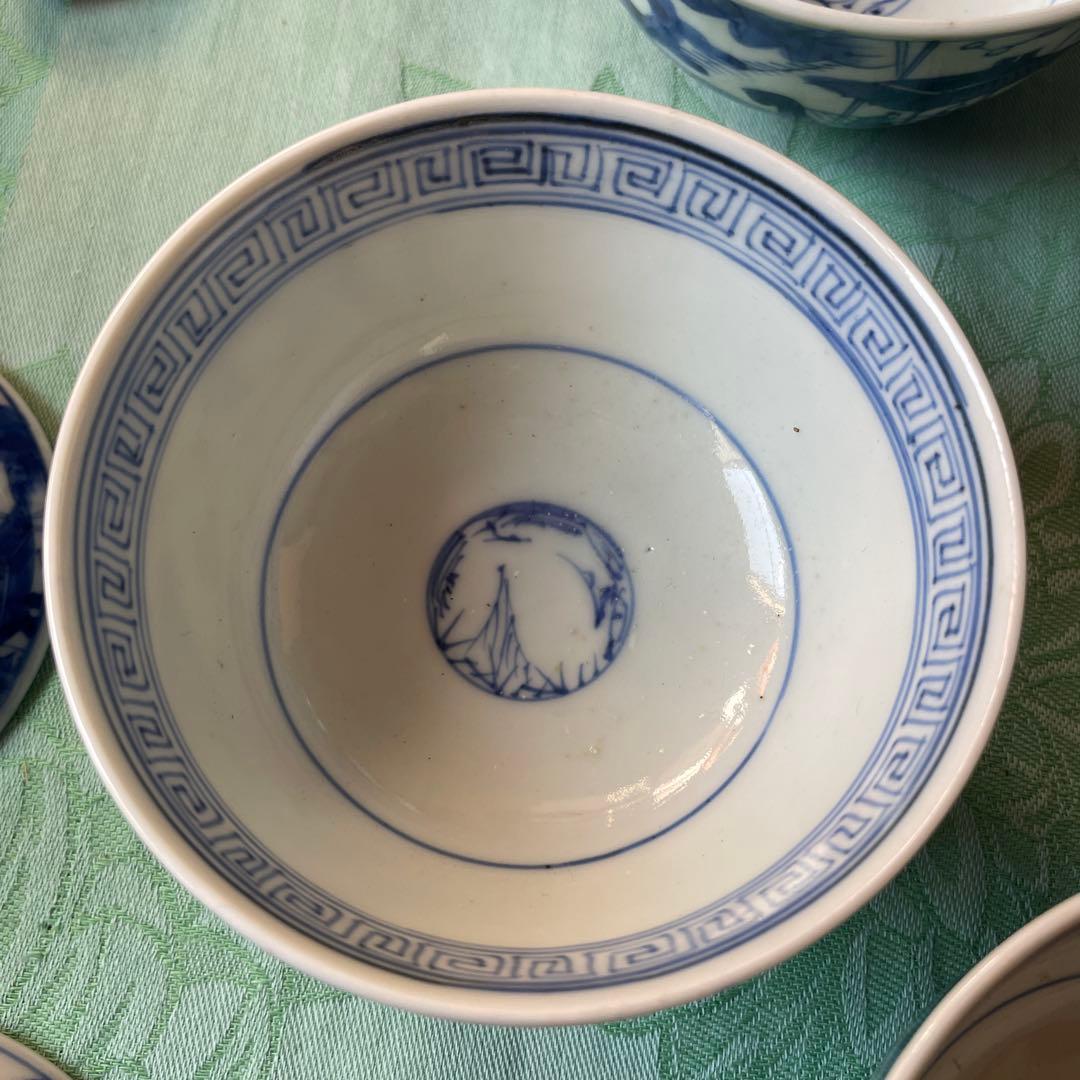 幕末明治　異人　外来船　蓋付きご飯茶碗　5客