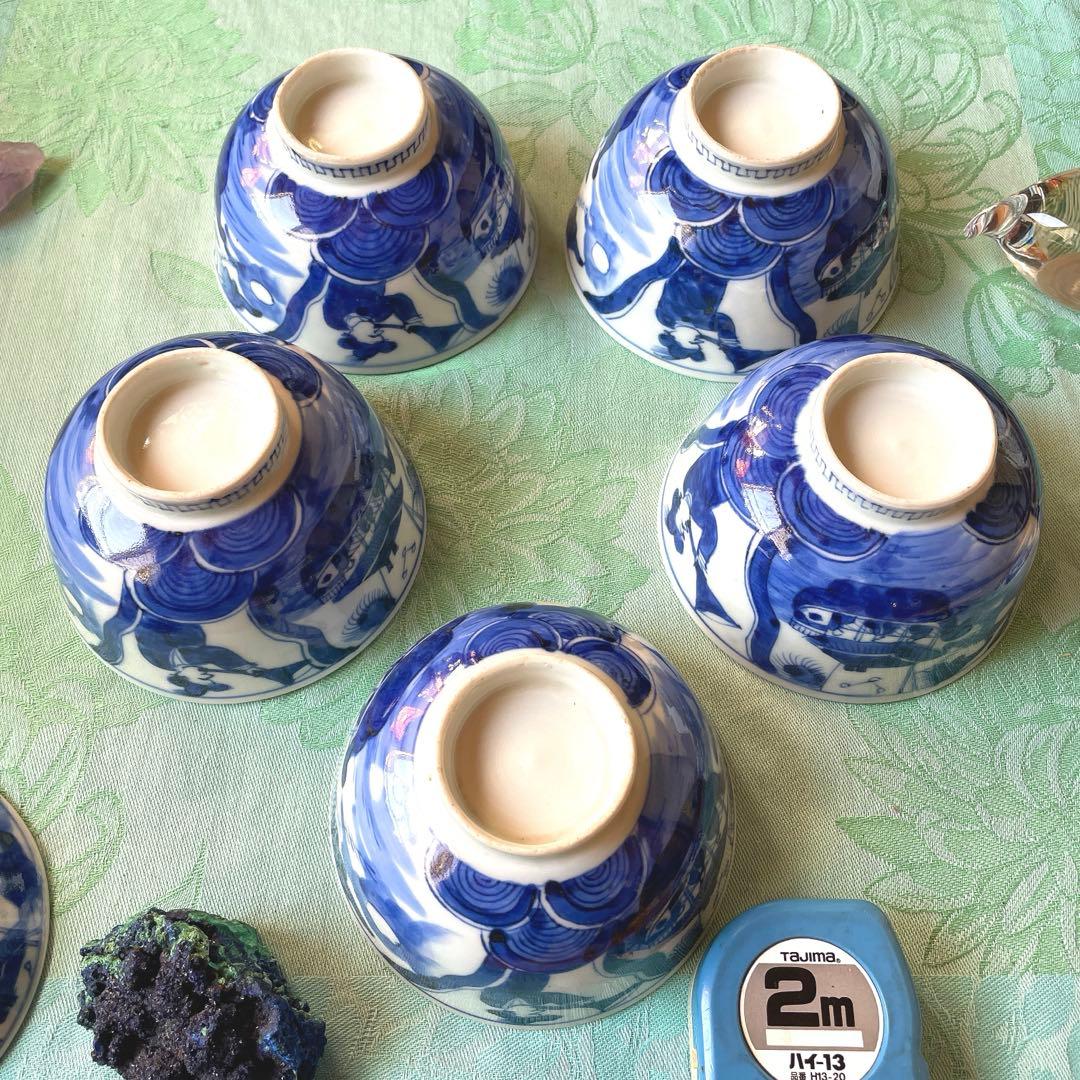 幕末明治　異人　外来船　蓋付きご飯茶碗　5客