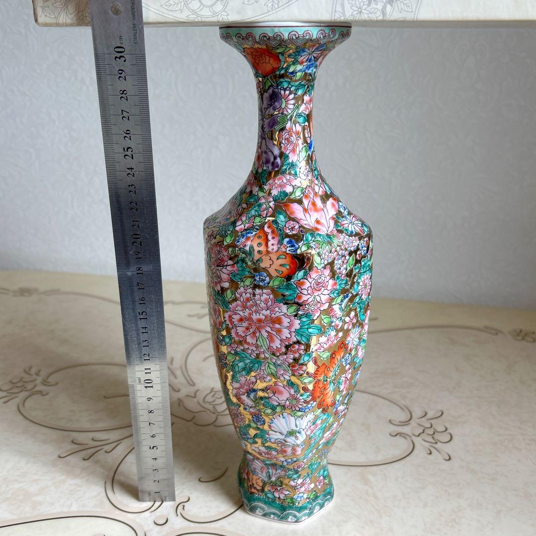中国　景徳鎮製　薄胎　花瓶　花詰め　金彩　金襴手　フラワーベース　豪華絢爛