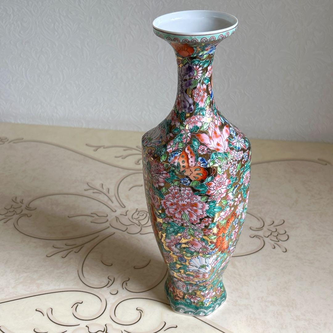 中国　景徳鎮製　薄胎　花瓶　花詰め　金彩　金襴手　フラワーベース　豪華絢爛