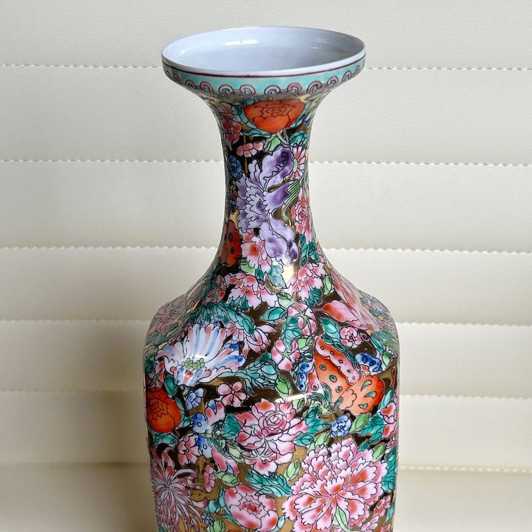 中国　景徳鎮製　薄胎　花瓶　花詰め　金彩　金襴手　フラワーベース　豪華絢爛