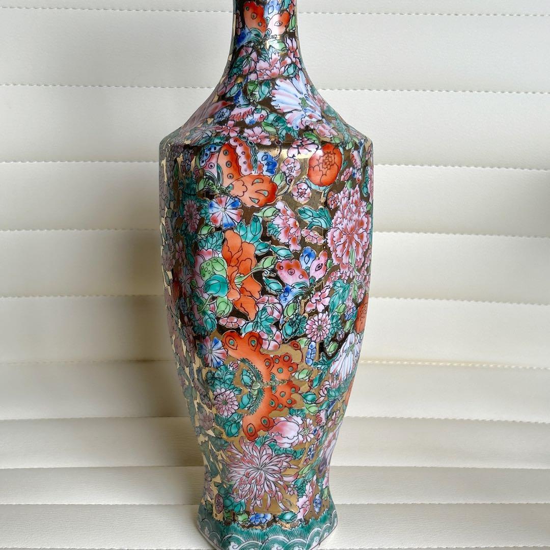 中国　景徳鎮製　薄胎　花瓶　花詰め　金彩　金襴手　フラワーベース　豪華絢爛