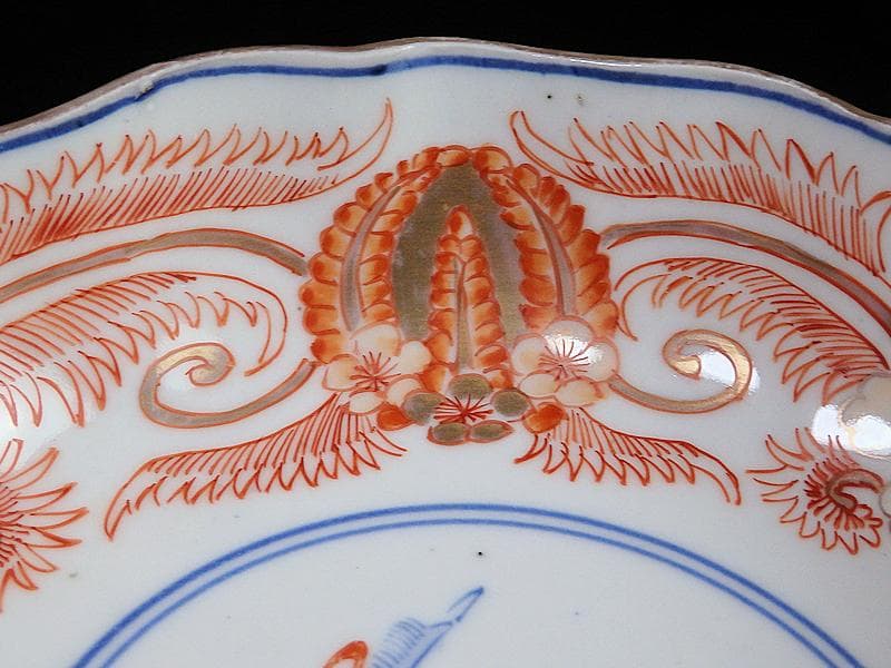 古伊万里　赤絵　草花紋に麒麟の図　膾皿　２客　D119AS-BVx