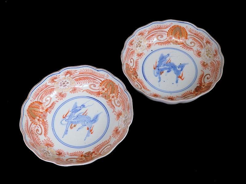 古伊万里　赤絵　草花紋に麒麟の図　膾皿　２客　D119AS-BVx