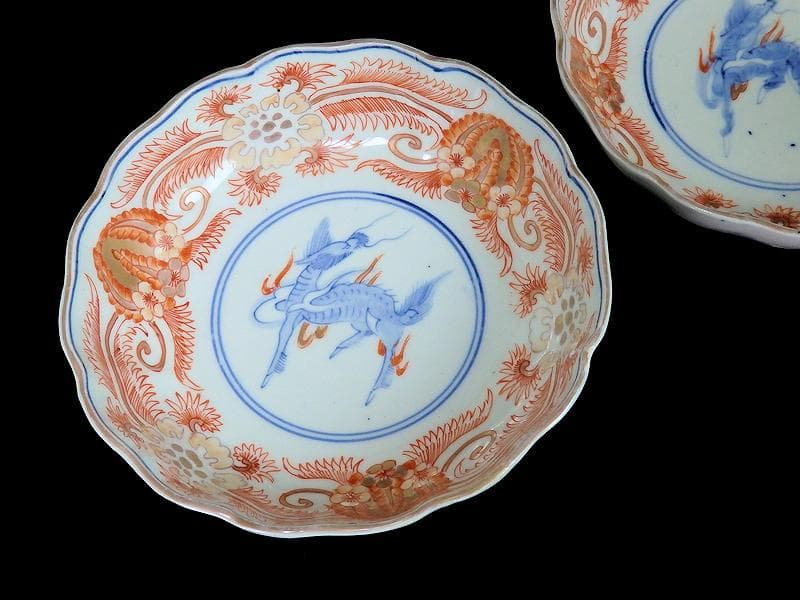 古伊万里　赤絵　草花紋に麒麟の図　膾皿　２客　D119AS-BVx