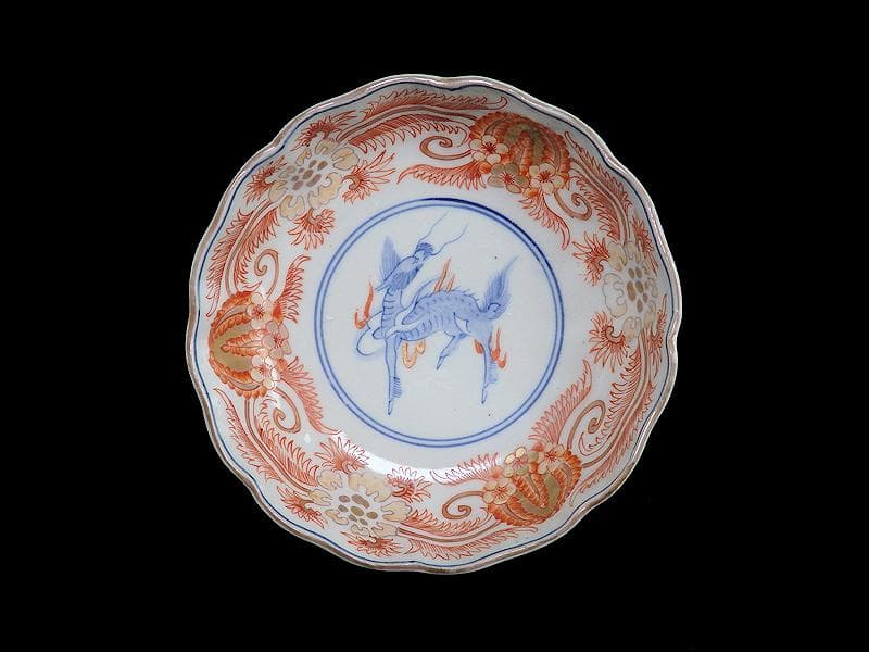 古伊万里　赤絵　草花紋に麒麟の図　膾皿　２客　D119AS-BVx