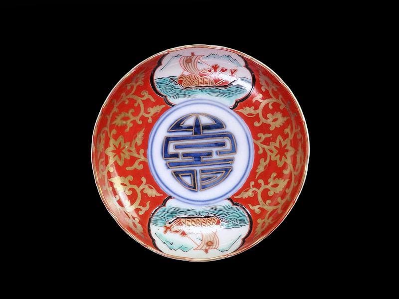 古伊万里　色絵　窓絵　宝船に金唐草の図　４寸皿　５枚　B985AS-CXv