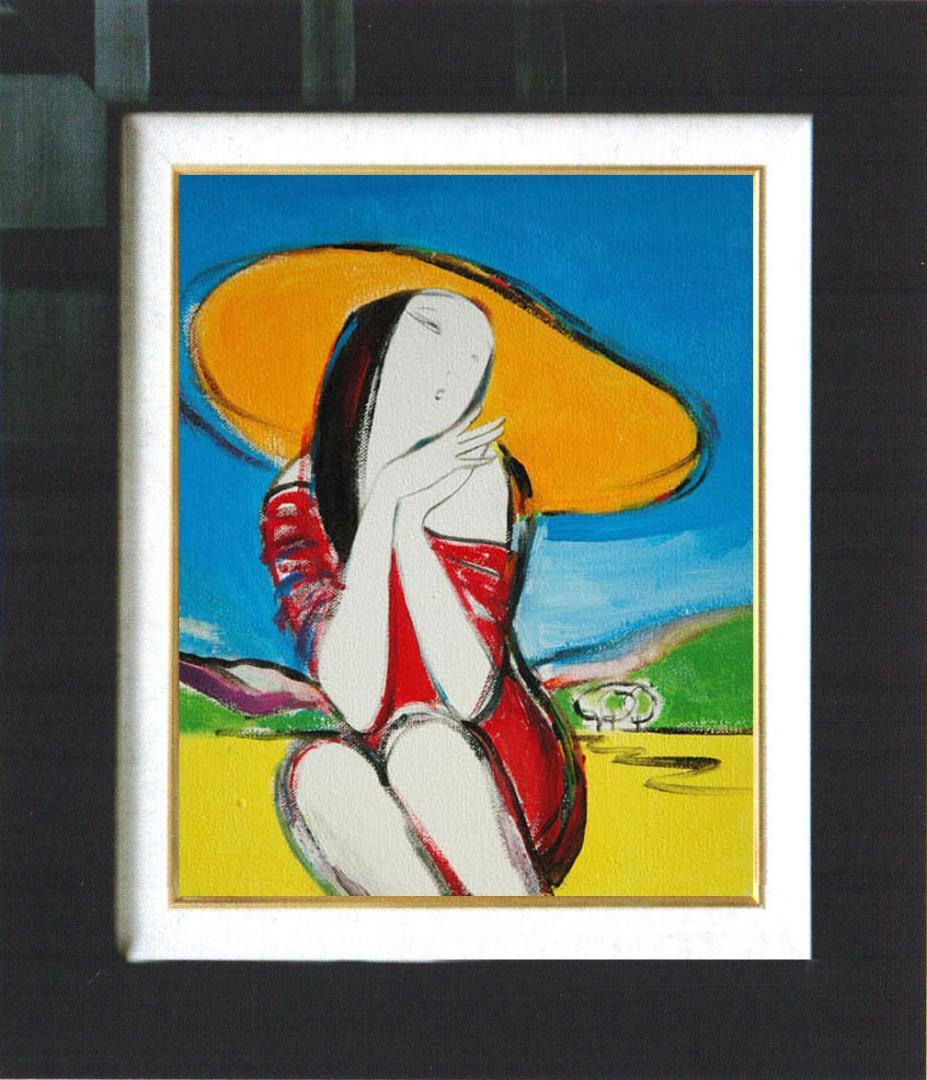 油絵 菅家令子 絵 絵画インテリア額付(青緑＋金色の枠)F3-010511 女性