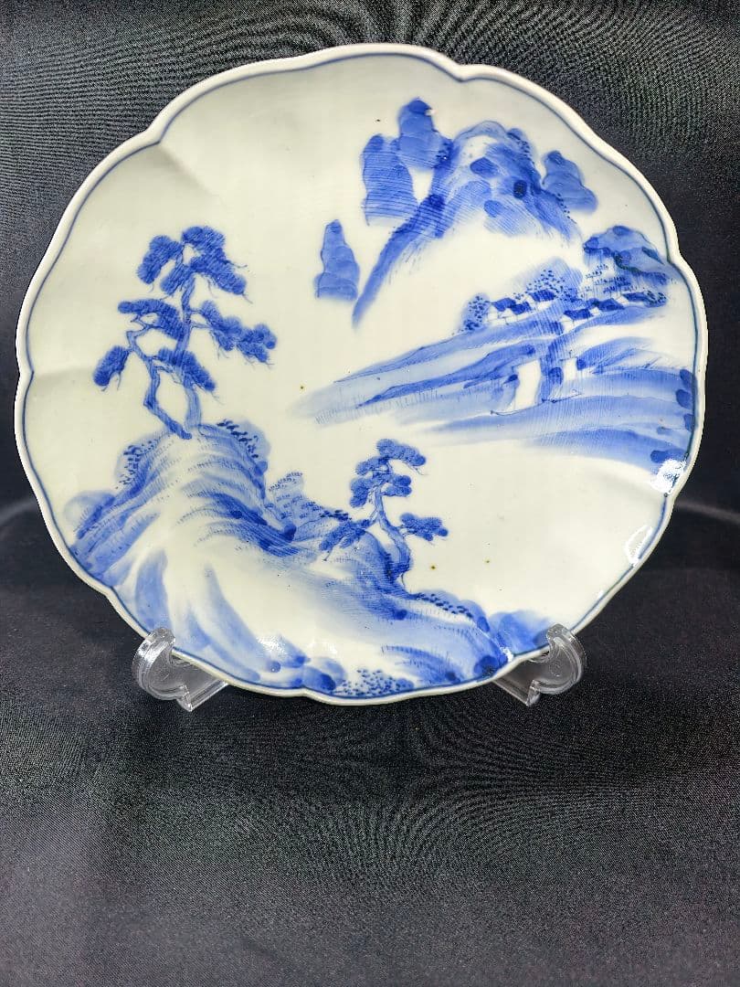 古伊万里 染付中皿 手描き 山水風景図 骨董 古美術 旧家蔵出 未使用時代物美品