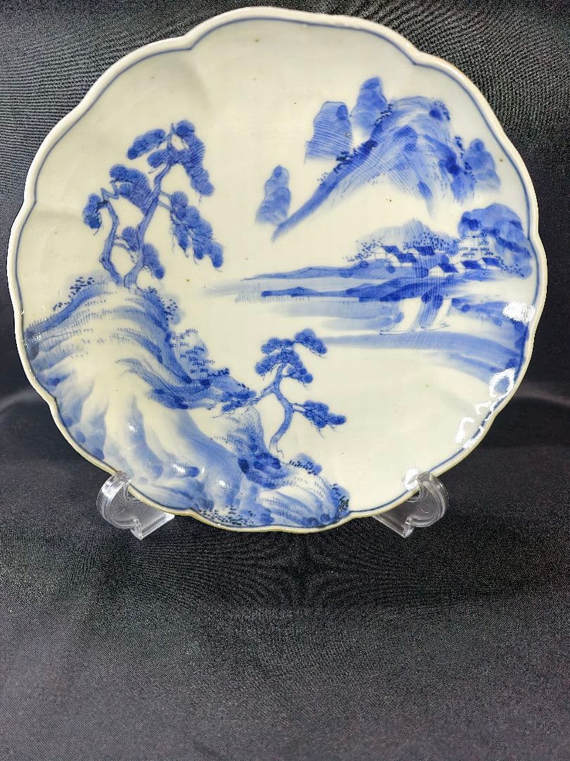 古伊万里 染付中皿 手描き 山水風景図 骨董 古美術 旧家蔵出 未使用時代物美品