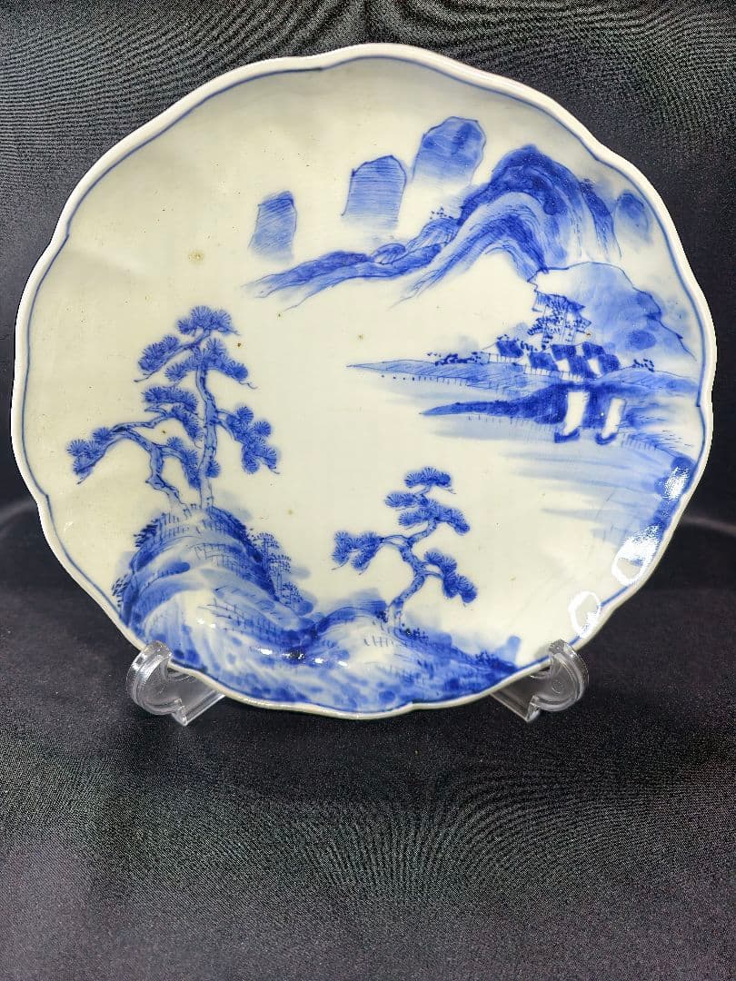 古伊万里 染付中皿 手描き 山水風景図 骨董 古美術 旧家蔵出 未使用時代物美品