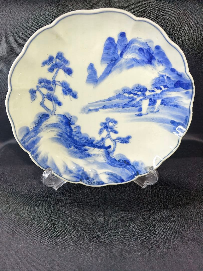 古伊万里 染付中皿 手描き 山水風景図 骨董 古美術 旧家蔵出 未使用時代物美品