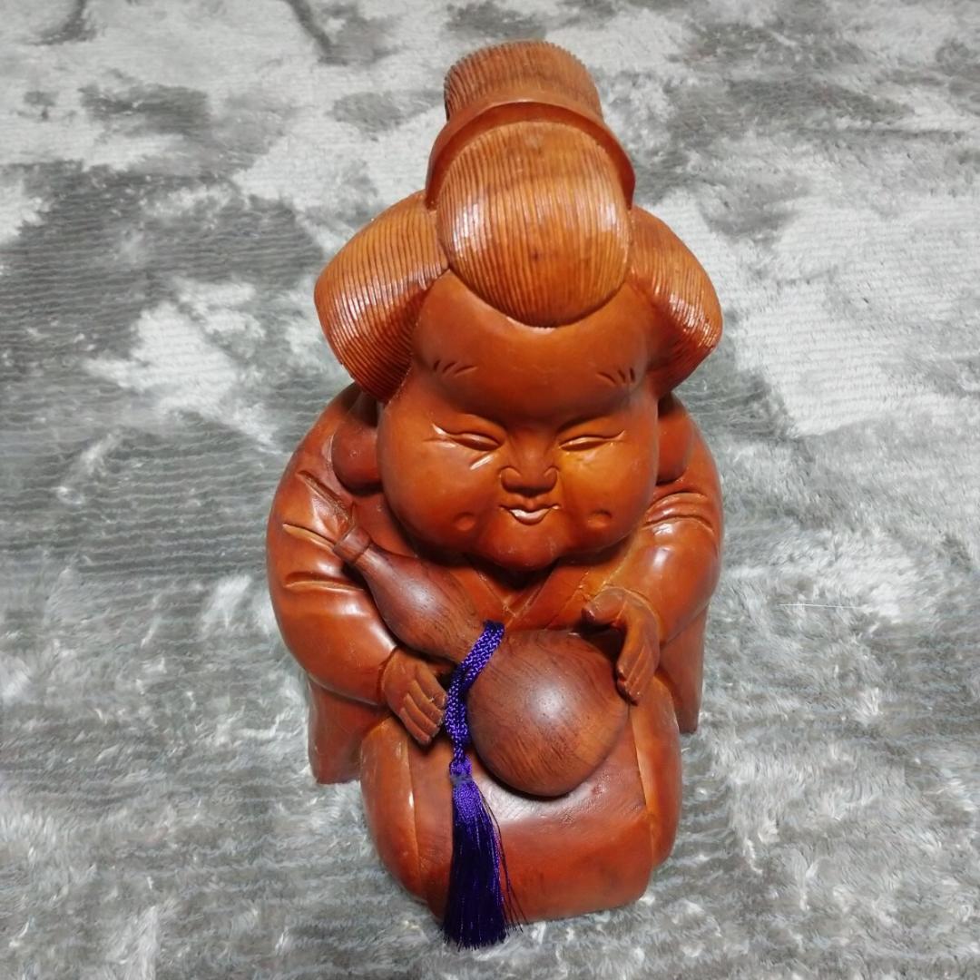 木彫りおかめひょっとこ置物オブジェ彫刻縁起物オカメ火男