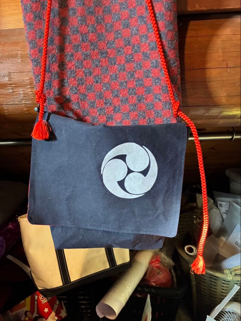 『半被』リメイク赤と黒のチェック柄 巾着袋