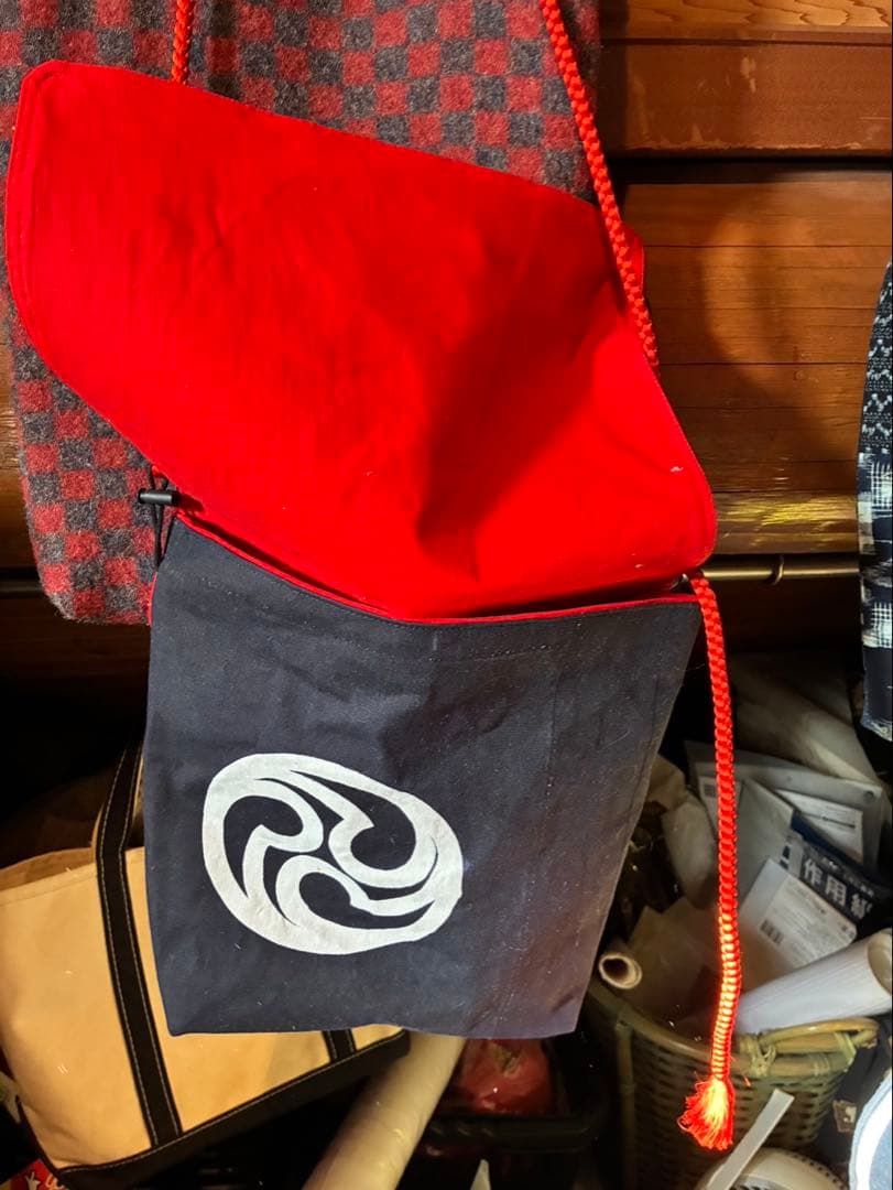 『半被』リメイク赤と黒のチェック柄 巾着袋