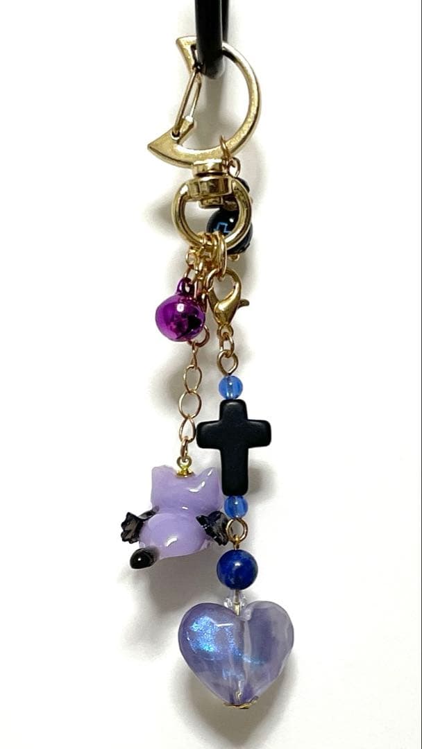 天然石ビーズ付きシマエナガ猫チャーム♪フェザー、羽根、小鳥、十字架、パープル系