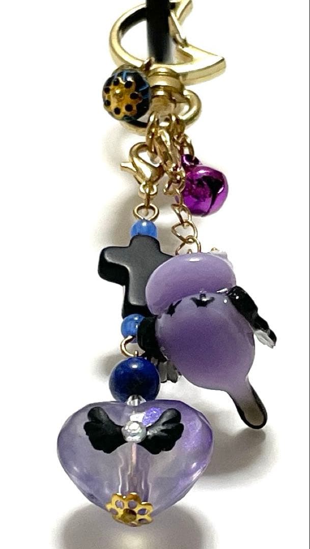 天然石ビーズ付きシマエナガ猫チャーム♪フェザー、羽根、小鳥、十字架、パープル系