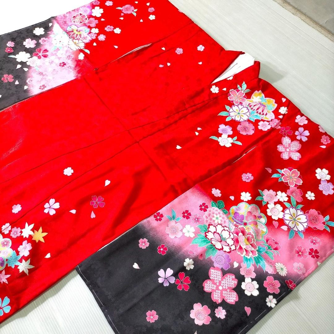 七五三 753 着物 七歳 四つ身着物 赤色地友禅柄 新品 k4125