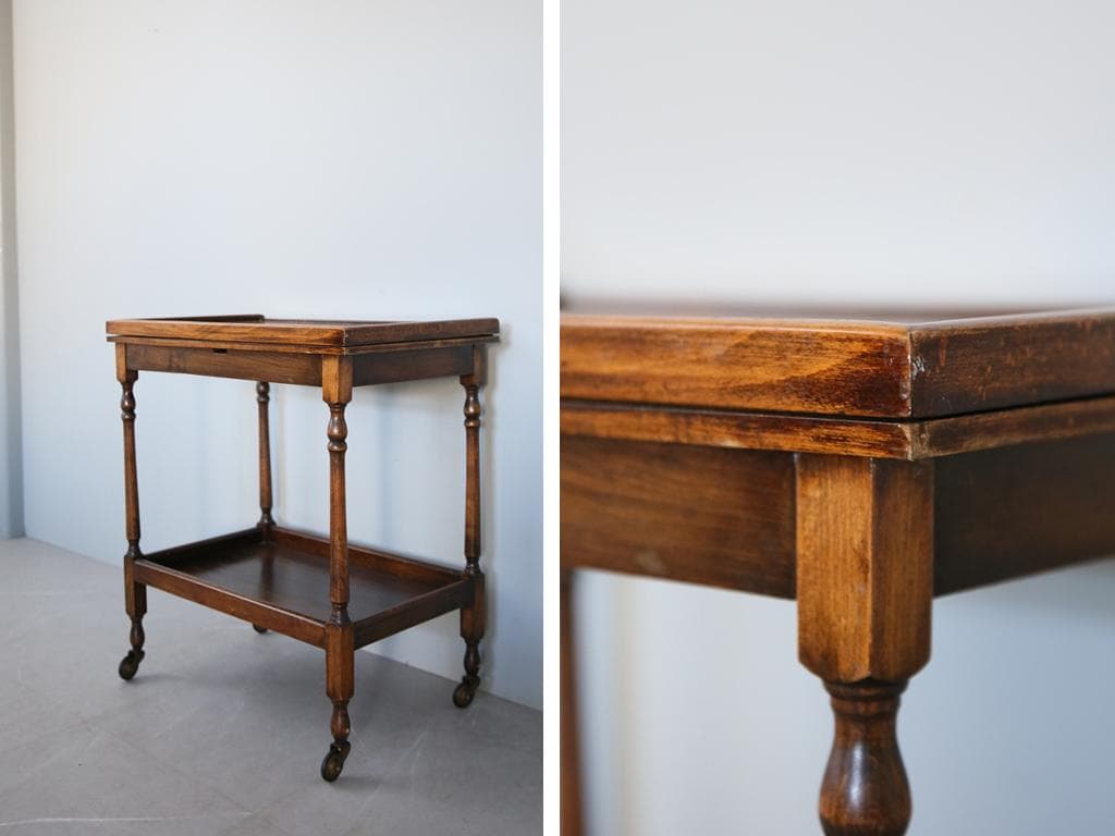 英国アンティーク木製キッチンワゴン兼ゲームテーブル/折畳式机トロリー92-117