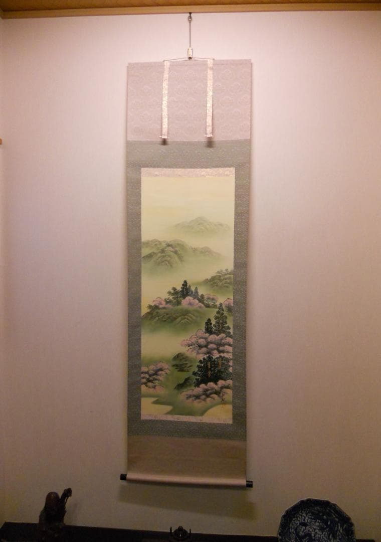 掛け軸 竹内松風 作 『 桜花山景 』 絹本 希少 軸装 茶道具 掛軸 美品