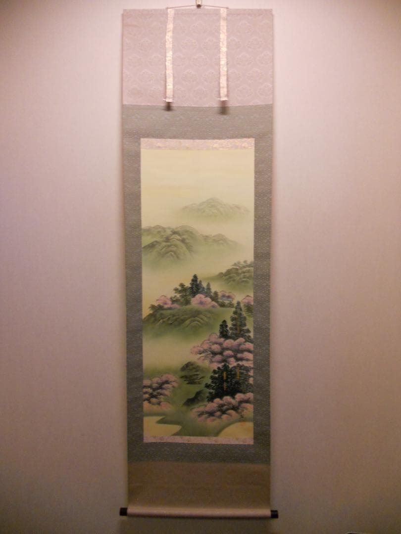 掛け軸 竹内松風 作 『 桜花山景 』 絹本 希少 軸装 茶道具 掛軸 美品