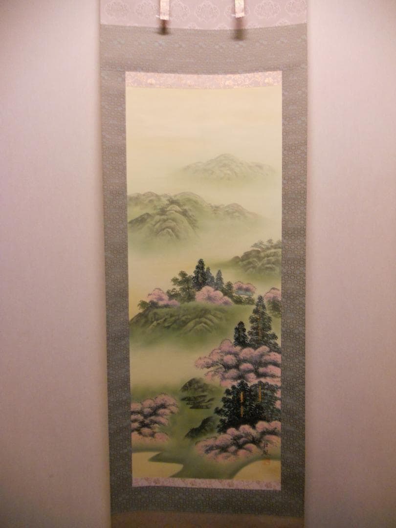 掛け軸 竹内松風 作 『 桜花山景 』 絹本 希少 軸装 茶道具 掛軸 美品