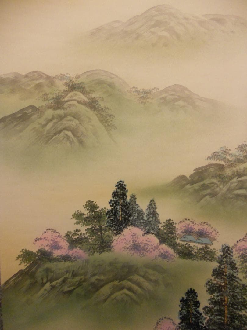 掛け軸 竹内松風 作 『 桜花山景 』 絹本 希少 軸装 茶道具 掛軸 美品