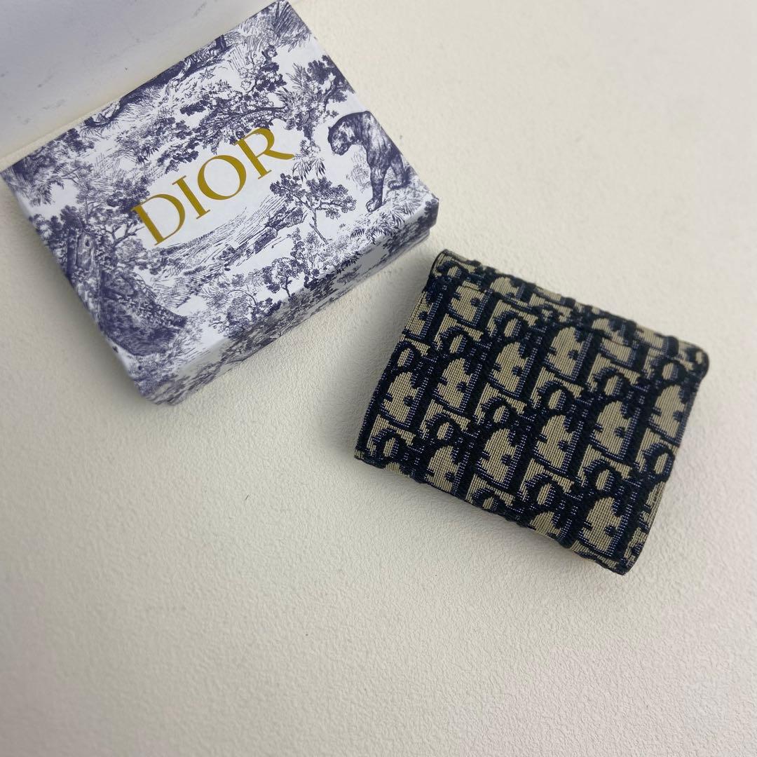 Dior ネイビー×ベージュ キャンバス＆レザー 三つ折り財布