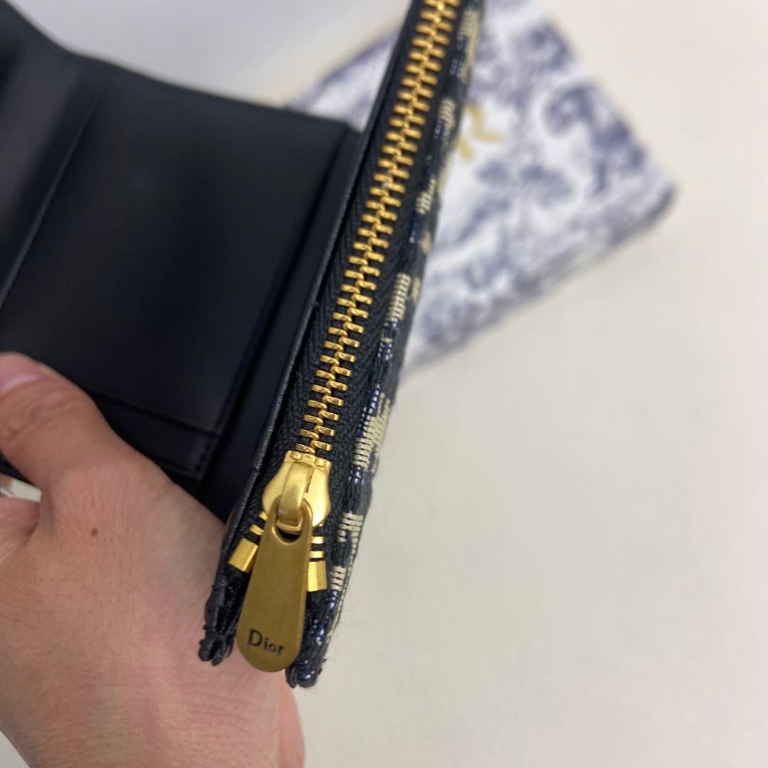Dior ネイビー×ベージュ キャンバス＆レザー 三つ折り財布