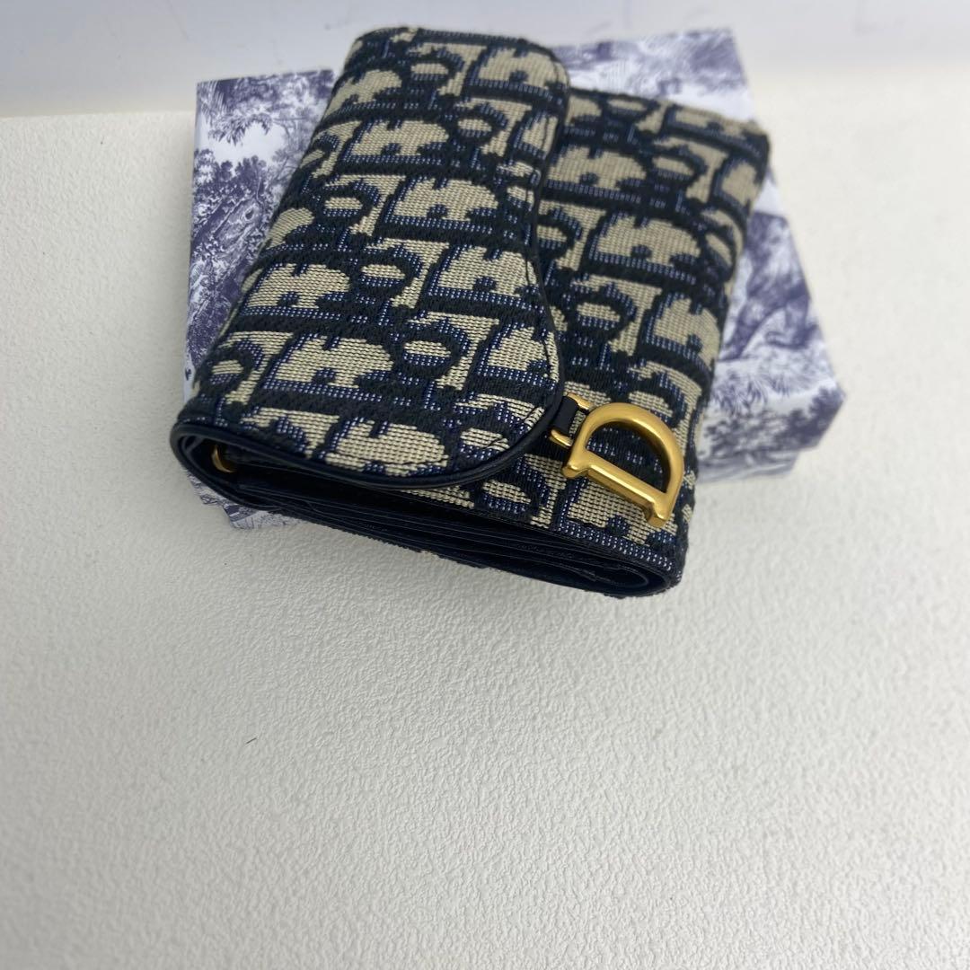 Dior ネイビー×ベージュ キャンバス＆レザー 三つ折り財布