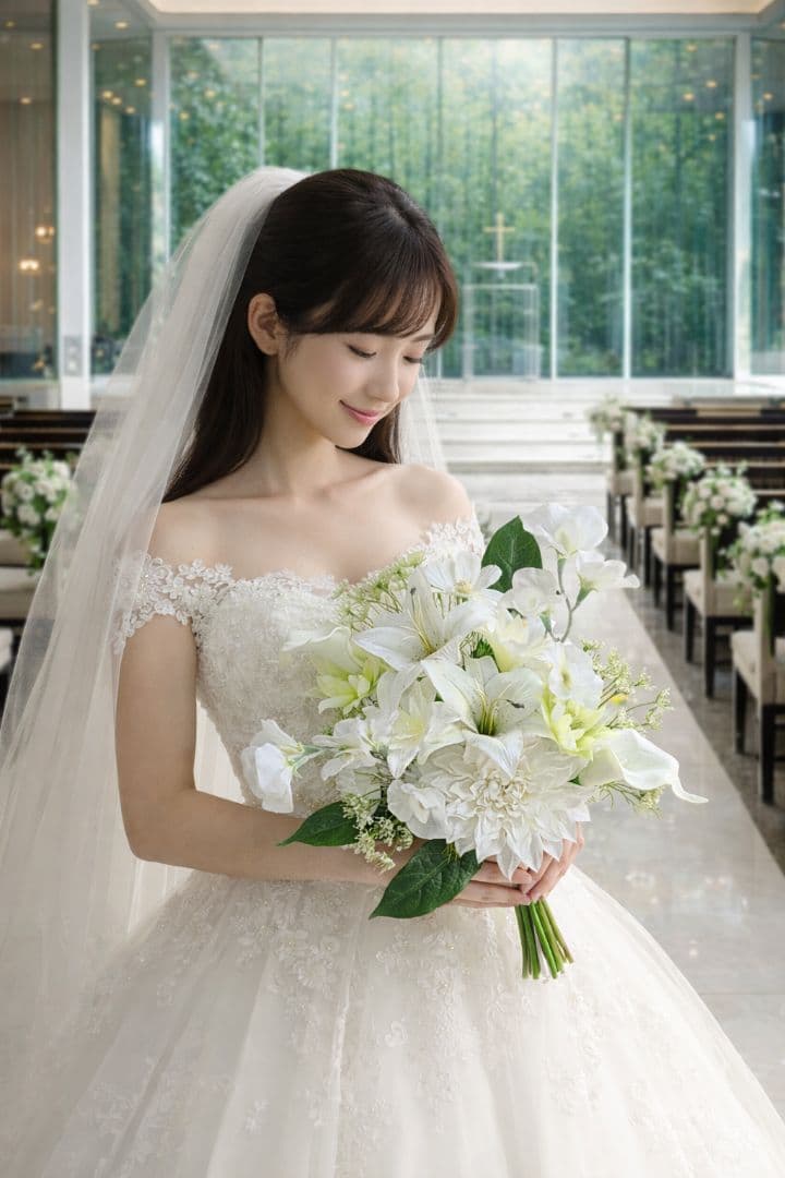 アーティフィシャルフラワー　ウエディングブーケ　クラッチブーケ　前撮り　百合　白