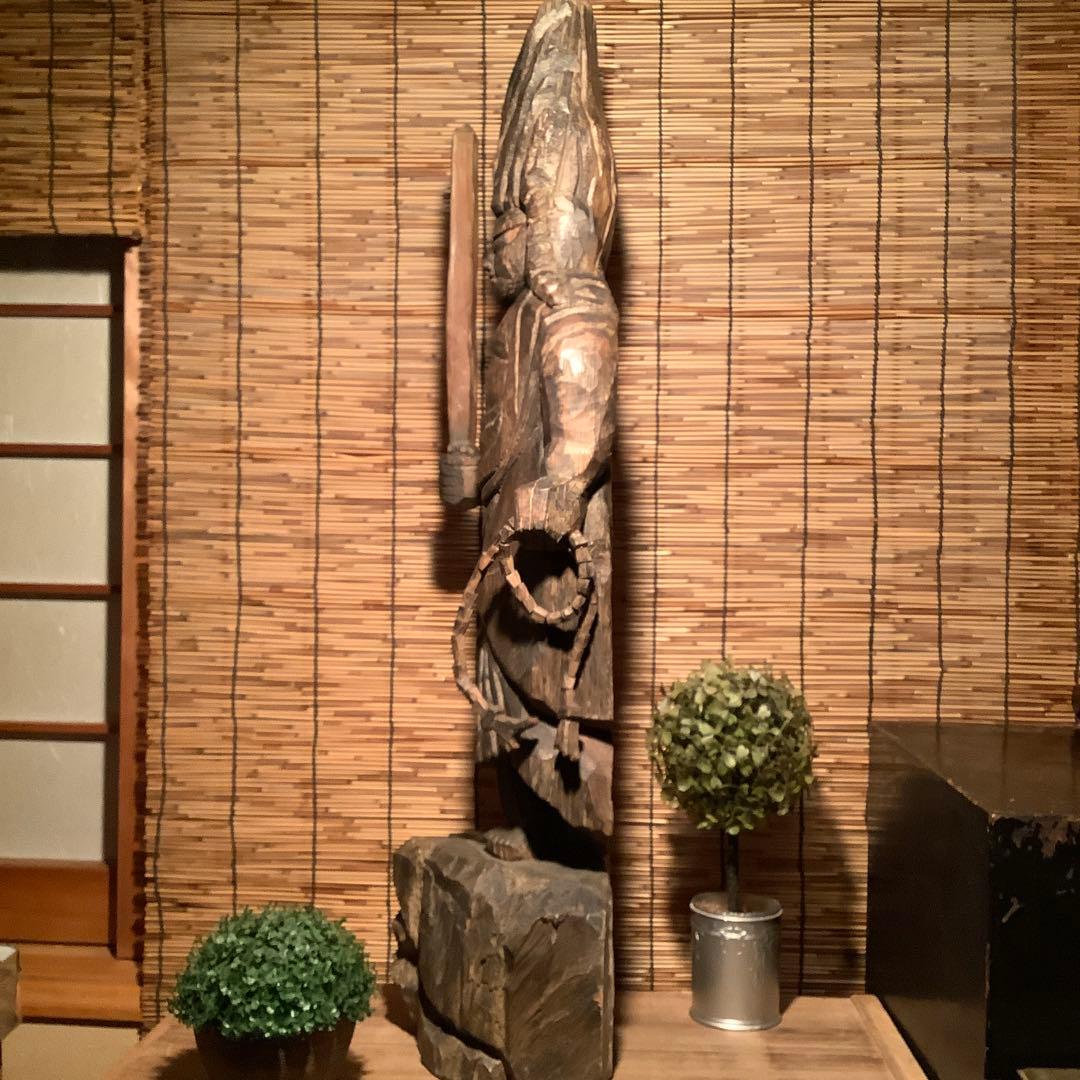 江戸期・密教護法善神「憤怒・炎髪不動明王」不動信仰・神仏守護神・特大木彫
